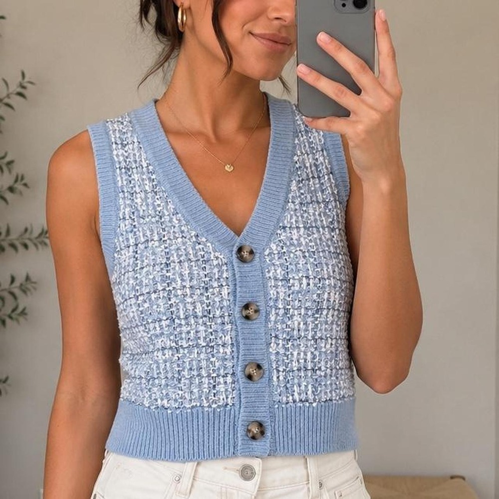 Sincerely Jules Blue Tweed Sweater Vest Soft Girl Preppy Coastal Chic Size S